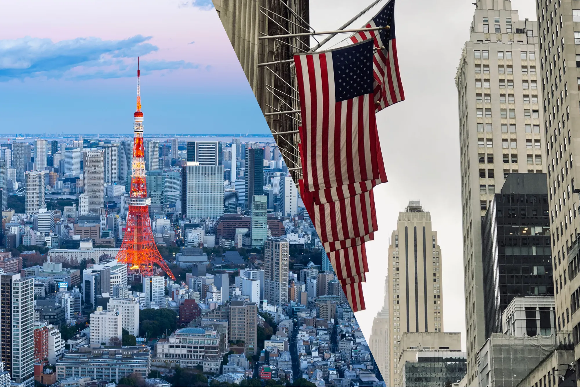 東京タワーとニューヨークの街並みを対比させた合成写真